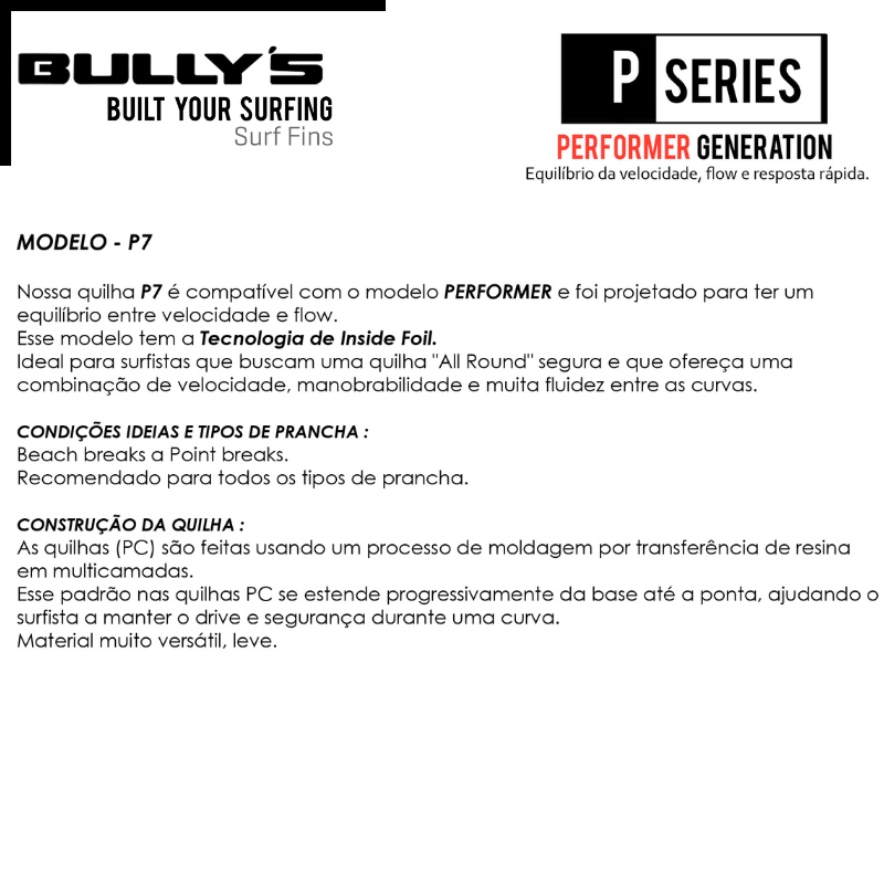 Quilha Bullys P7 Triquilhas Encaixe FCS II Performance Core Importada - Large